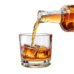 Pouring Whiskey into Glass with Ice Cubes Isolated on transparent background