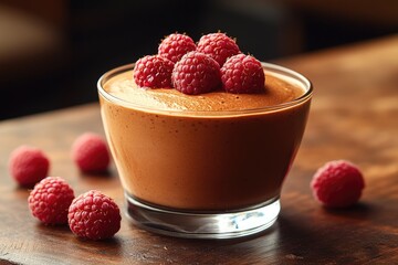 Wall Mural - Rich and creamy chocolate pudding topped with fresh raspberries, perfect for dessert or snack