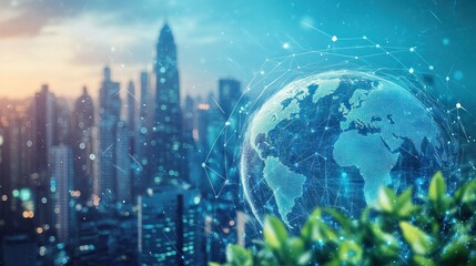 Global network connection, city skyline, and green leaves.