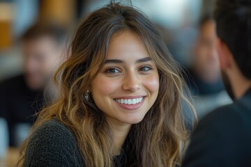 Wall Mural - A woman with a warm smile sits comfortably at a table