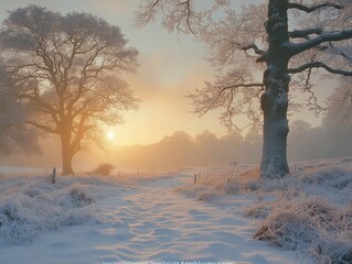 Wall Mural - A peaceful winter landscape with frost-covered trees and a soft golden glow from the setting sun,