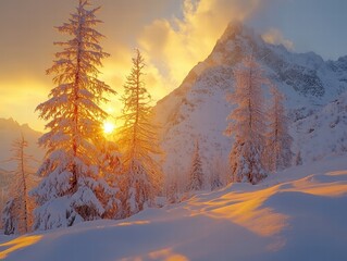 Wall Mural - A peaceful winter landscape with frost-covered trees and a soft golden glow from the setting sun,