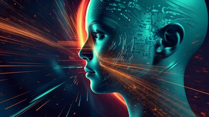 Fototapete - Futuristic digital face with vibrant light trails and abstract patterns, showcasing technology and innovation through glowing circuitry and dynamic energy bursts.