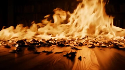Wall Mural - fire consumes paper on wooden floor, creating intense warmth and dynamic shadows in a dramatic, chao