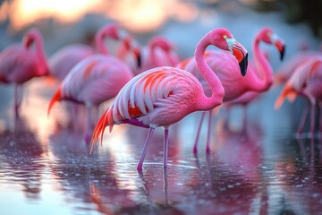 Wall Mural - A group of flamingos standing in shallow water, with calm surroundings