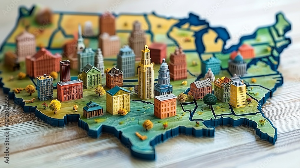 Miniature US map with city buildings. Stock Illustration | Adobe Stock