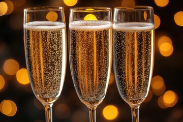 Wall Mural - Three champagne flutes filled with sparkling liquid, perfect for celebrations and parties