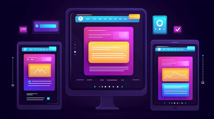 Responsive website design on desktop, tablet, and phone; dark background, UI elements