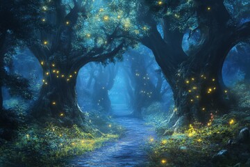 Wall Mural - Enchanting Night Forest Path Illuminated By Fireflies