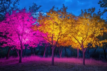 Canvas Print - Illuminated Trees In A Nighttime Forest Scene