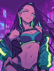 Wall Mural - Cyberpunk Anime Girl Posing in Neon Cityscape