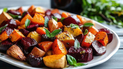 Wall Mural - A colorful arrangement of roasted beets, sweet potatoes, and carrots on a rustic autumn day