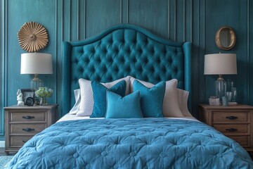 Canvas Print - A cozy bed with a blue headboard and matching pillows