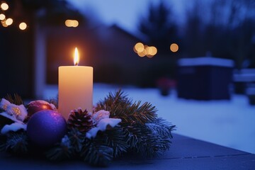 Poster - A lit candle sitting on top of a snowy table, perfect for winter scenes and cozy atmospheres