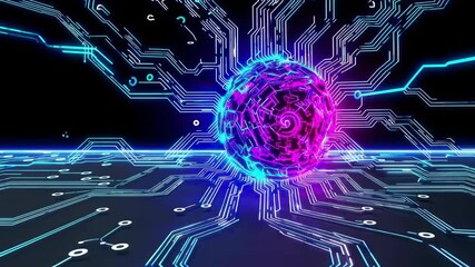 Poster - Visual exploration of futuristic technology with glowing circuit patterns and digital orbs