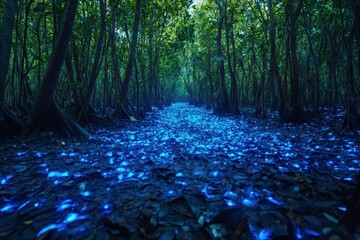 Wall Mural - Bioluminescent Forest Path Magical Night Scene