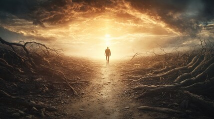 Wall Mural - a person walk into the misty foggy road in a dramatic mystic scene with warm colors