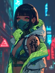 Wall Mural - Cyberpunk Anime Girl Neon City Streetscape