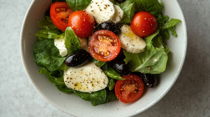 Wall Mural - Aerial view of a vibrant salad with mozzarella, cherry tomatoes, and olives served in a bowl on a neutral textured background