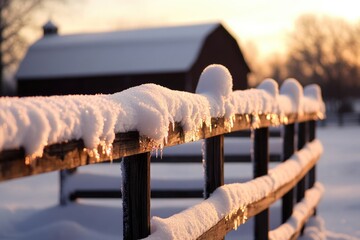 Poster - A wooden fence covered in snow stands next to a rustic barn