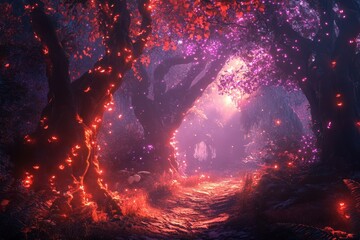 Poster - Enchanting Forest Path Illuminated by Glowing Lights