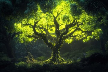 Wall Mural - Luminous Tree Glowing In A Dark Forest Setting