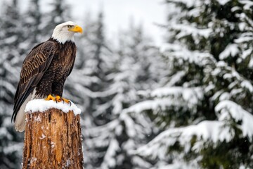 Wall Mural - A majestic bald eagle resting on a weathered tree stump in a natural setting