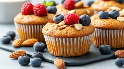 Wall Mural - Fresh muffins topped with berries and nuts, perfect for breakfast