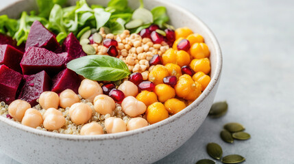 Sticker - Vegan quinoa bowl featuring beets, pomegranate seeds, chickpeas, and pumpkin seeds on a light gray background