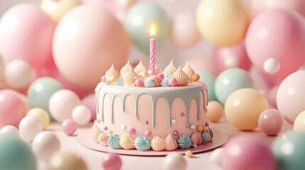 Pastel birthday cake with one candle, surrounded by pastel balloons.