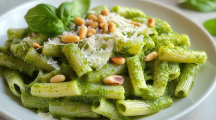 Wall Mural - Elegant white plate featuring green pasta with pesto, parmesan, and pine nuts, presented on a light gray table for a refined dining experience