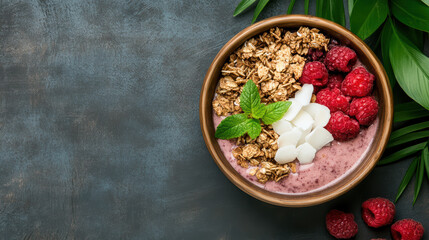 Wall Mural - colorful breakfast bowl with granola, raspberries, and coconut