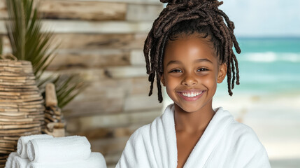 girl with dreadlocks smiles happily at beachside spa