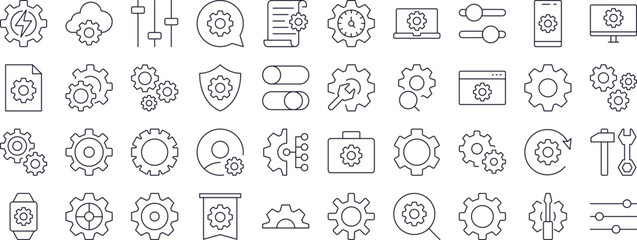 Wall Mural - cogwheel and gear bundle of thin icons. editable stroke. perfect for web sites, books, cards, apps
