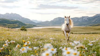 Wall Mural - horse running through field of wildflowers, surrounded by mountains and serene landscape