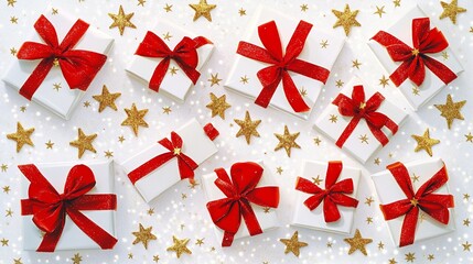 Poster - Festive white gift boxes with red ribbons and gold stars on white background.
