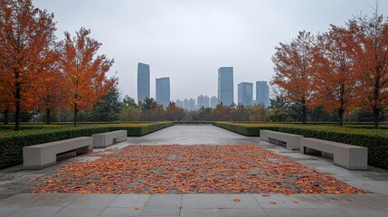 Poster - Autumnal park path with fallen leaves leading to modern cityscape.