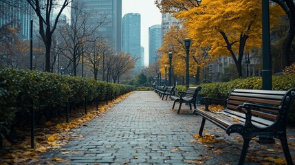 Leinwandbilder - Autumnal city park path with benches, fallen leaves, and skyscrapers in background.