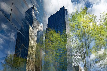Poster - Modern skyscrapers reflected in glass facade, juxtaposed with vibrant spring foliage.