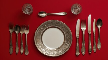 Elegant silver cutlery and plates set on red background.