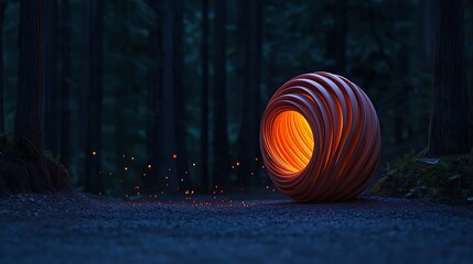 Glowing wooden sphere in dark forest at night, mystical scene, fantasy art, website background