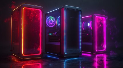 An Eye-Catching Array of Isolated Colorful RGB Gaming PCs with Sleek Designs and Vibrant LED Fans