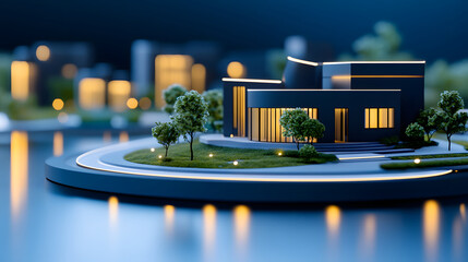 Fototapete - a modern architectural model showcases a stylish house with illuminated windows, set in a serene wat