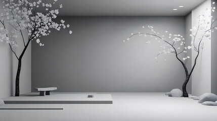 Fototapete - A serene, minimalist interior featuring two stylized trees and a simple bench, creating a tranquil and modern atmosphere