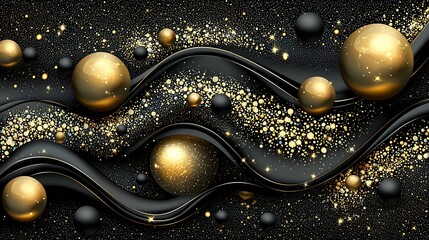 Golden and black spheres on flowing fabric;  sparkly background; elegant design; wallpaper