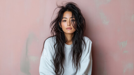 Wall Mural - playful Asian woman with long hair poses against pink wall