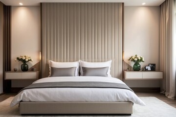 Wall Mural - Modern Bedroom Design With Beige Panelled Headboard