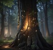 © Phetthanousack - Glowing fireflies swarming around a majestic tree trunk, soft glowing, fireflies