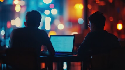 Wall Mural - entrepreneurs planning a business proposal late at night, glowing laptops, teamwork synergy, profess