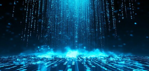 visual representation of data using a blue background with glowing binary code